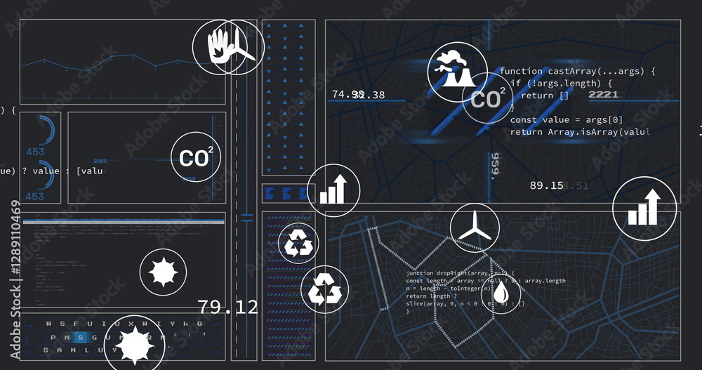 Fototapeta premium Image of ecology icons over data processing