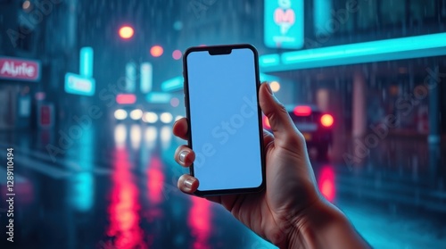 Wallpaper Mural Man holding smartphone with pink screen on public transportation with blue and pink neon lights. Mockup. Smartphone in neon Torontodigital.ca