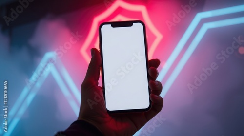 Wallpaper Mural Hand holding a smartphone with a blank screen against a pink and red background , against a backdrop of colorful lights Torontodigital.ca