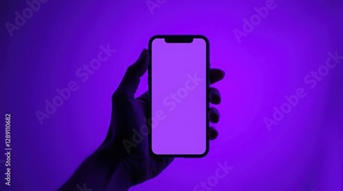 Wallpaper Mural Man holding smartphone with pink screen on public transportation with blue and pink neon lights. Mockup. Smartphone in neon Torontodigital.ca