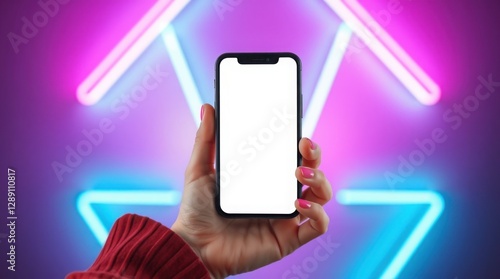 Wallpaper Mural Man holding smartphone with pink screen on public transportation with blue and pink neon lights. Mockup. Smartphone in neon Torontodigital.ca