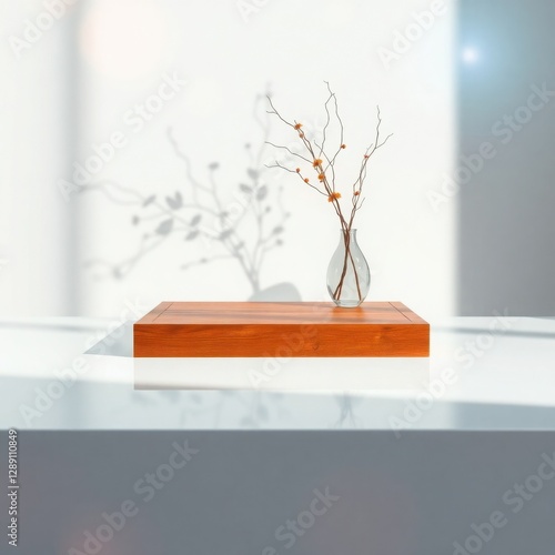 Wallpaper Mural Minimalist square wooden tray on glossy white table with amber glass vase and delicate tree twig, casting soft shadows on white wall background Torontodigital.ca