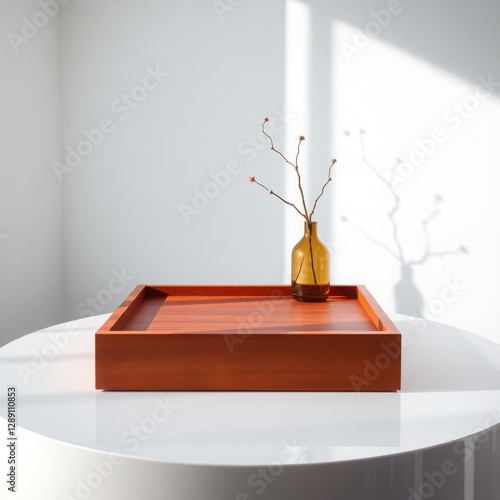 Wallpaper Mural Minimalist wooden tray on a glossy white table with an amber glass vase and delicate tree twig, casting soft shadows on a white wall. Modern interior decor with natural light and a serene atmosphere. Torontodigital.ca