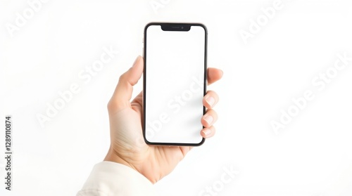 Wallpaper Mural Close-up of a woman's hand holding a modern smartphone with a blank screen, perfect for mockups, isolated on a white background. Minimalist concept for technology, business, and digital design. Torontodigital.ca