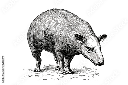 Aquatic animal hand-drawn tapir, vintage wildlife vector, black sketch effect, antique style illustration, rodent print design, trendy wildlife art, retro design.