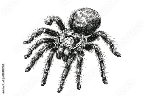 Vintage art, hand-drawn tarantula in antique style, black sketch effect, wildlife illustration, aquatic animal, rodent vector, print design, white background