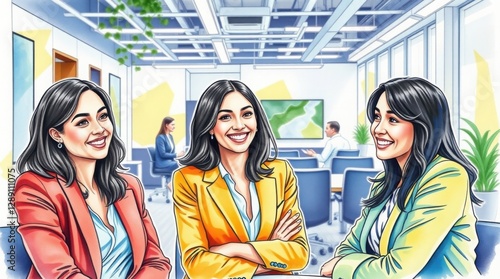 Wallpaper Mural A watercolor painting of a group of businesspeople, diverse in appearance and age, smiling and collaborating in a vibrant office, loose brush strokes and bright, translucent colors Torontodigital.ca