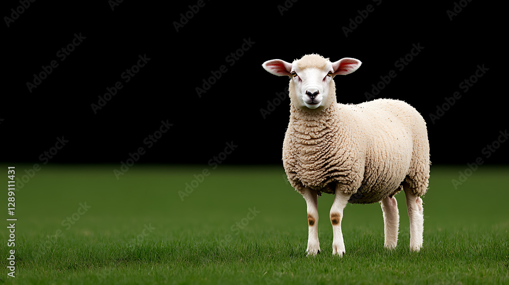Obraz premium A fluffy sheep stands in a vibrant green field, its woolly coat contrasting against the dark backdrop. A peaceful scene of rural life.