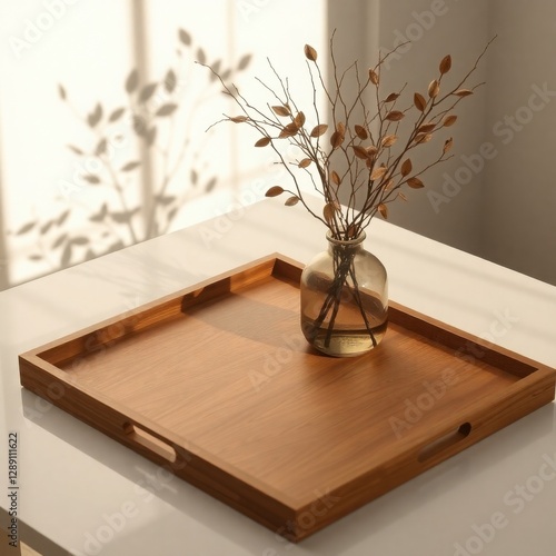 Wallpaper Mural Minimalist square wooden tray on glossy white table with amber glass vase and delicate tree twig, casting soft shadows on white wall background Torontodigital.ca