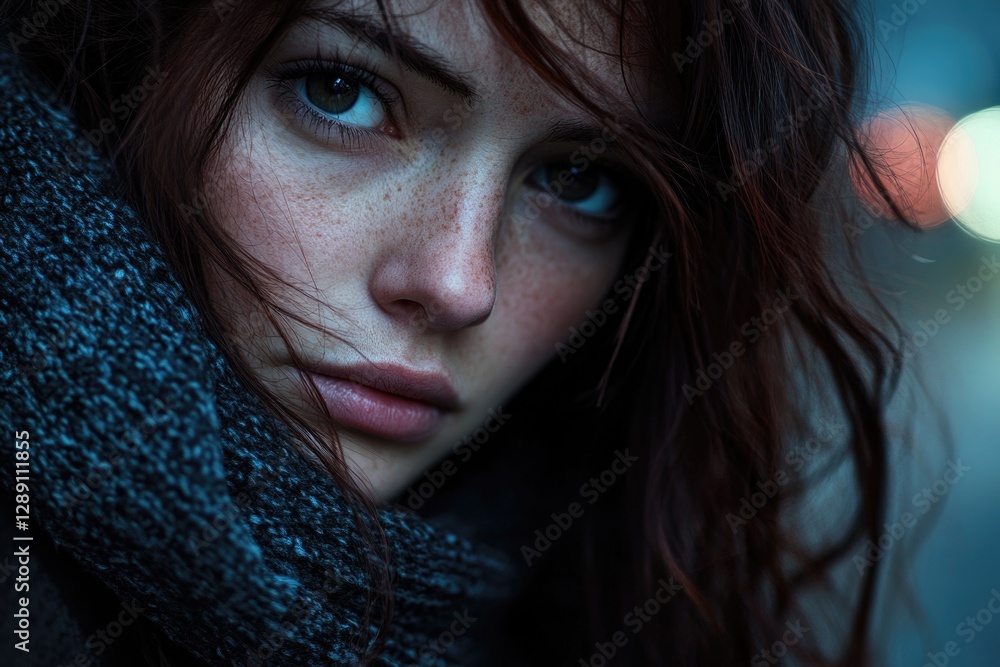 A close-up view of a person wrapped in a scarf, perfect for use in portraits or fashion photography A close-up view of a person wrapped in a scarf, perfect for use in portraits or fashion photography
