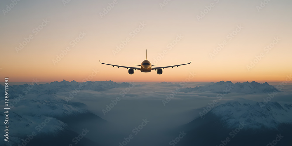 Airplane soars over clouds and snowy mountain peaks at sunset, a breathtaking view from above. Travel and aviation at its finest! Airplane soars over clouds and snowy mountain peaks at sunset, a breathtaking view from above. Travel and aviation at its finest!