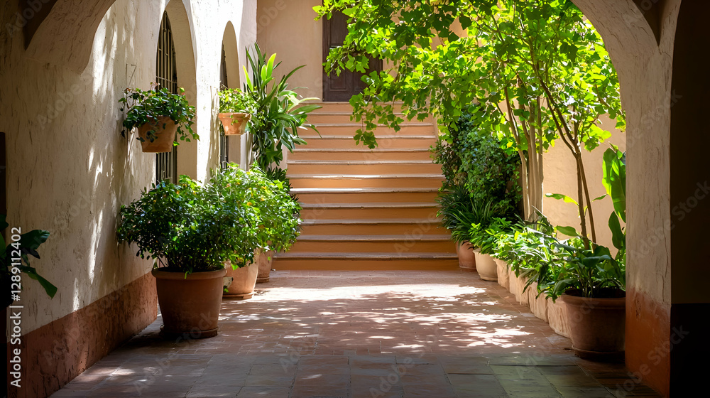 Fototapeta premium Sunlit Courtyard with Stone Steps and Lush Greenery