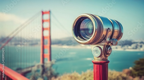 Golden Gate Bridge viewed through a mounted binocular telescope captured with crossprocessing effects