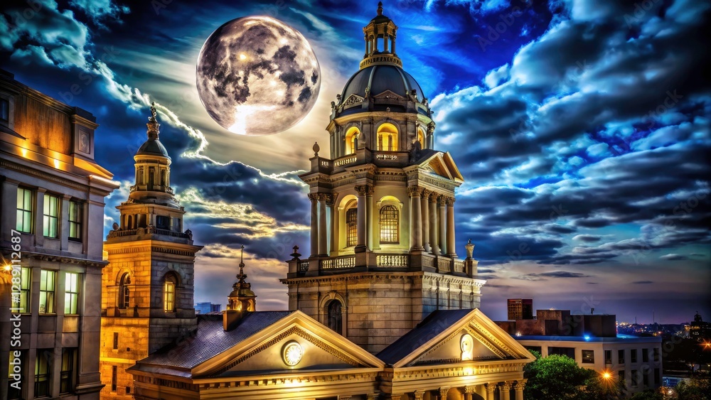 Fototapeta premium Night Photography: Ornate Classical Tower, Cupola, Stone Building - Low Angle View