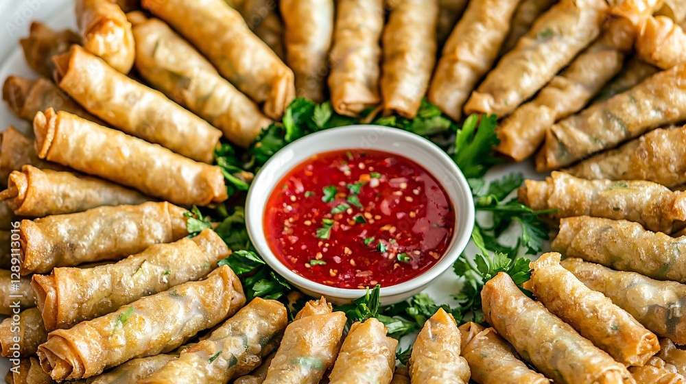 fried spring rolls with dipping sauce and fresh herbs, served on a white plate, isolated on a white background. fried spring rolls, dipping sauce, Thai food, fresh herbs, Thai cuisine, crispy, fried spring rolls with dipping sauce and fresh herbs, served on a white plate, isolated on a white background. fried spring rolls, dipping sauce, Thai food, fresh herbs, Thai cuisine, crispy,