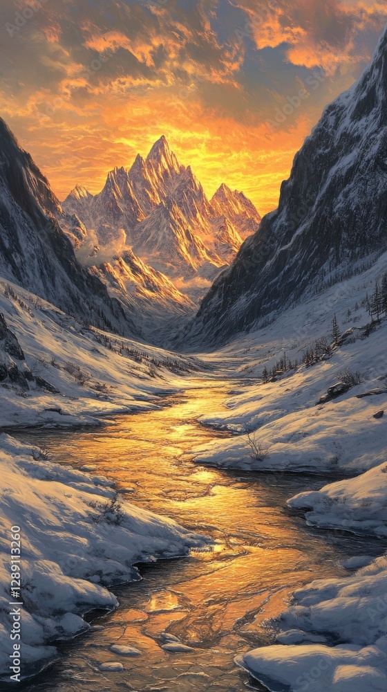 Obraz premium Majestic snowy mountain peaks at sunset with golden river in valley, serene winter landscape. Nature beauty and tranquility concept