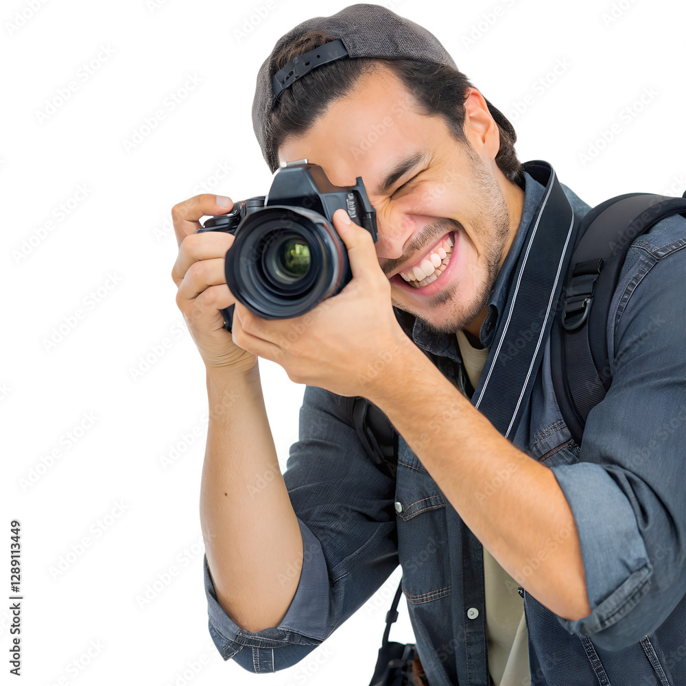 Handsome hipster taking a photo with camera on white background Handsome hipster taking a photo with camera on white background