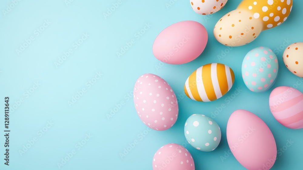 Colorful Easter eggs in pastel shades scattered on a blue background, evoking a playful and festive mood. Colorful Easter eggs in pastel shades scattered on a blue background, evoking a playful and festive mood.