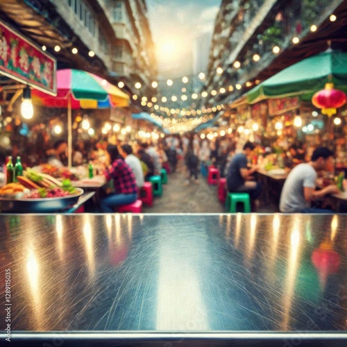 Wallpaper Mural A polished metal surface against a blurred street food market filled with colorful food stalls and lively people 2 Torontodigital.ca