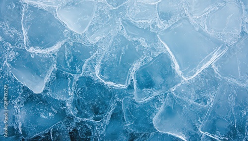 Abstract close-up of blue ice texture with varying shades and translucent sections.  The image shows a detailed view of the ice's surface photo