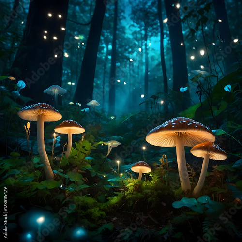 Glowing mushrooms in dark forest with magical fairy lights scene