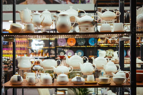 Obraz na płótnie Collection of porcelain and ceramic tableware, crockery on sale for a restaurant of hotel business. w salonie
