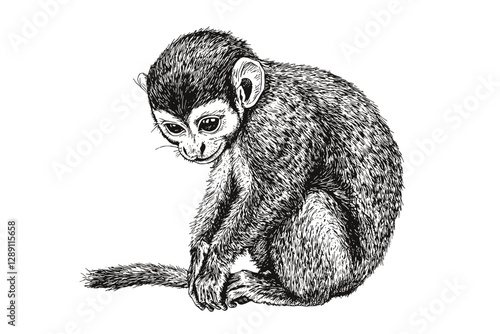 Canvas Print Vintage art squirrel monkey in old engraving style, wildlife illustration with black sketch effect on white background, animal wall decor, artistic home accents