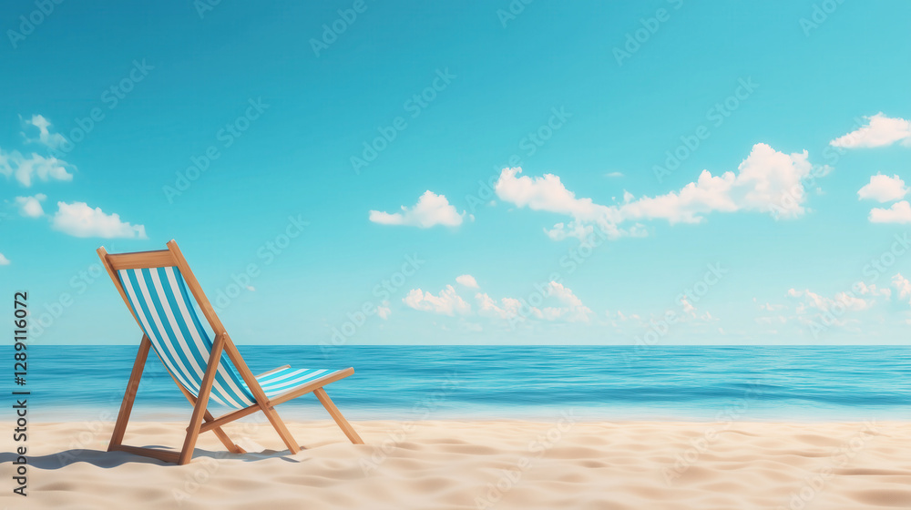 Relaxing beach chair facing tranquil ocean sunny day scenic view Relaxing beach chair facing tranquil ocean sunny day scenic view