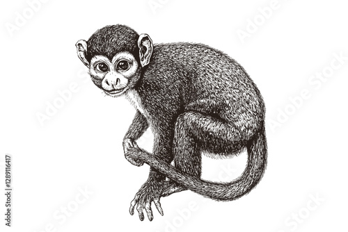Artistic wildlife illustration of a squirrel monkey, hand-drawn vintage art in engraving style, black sketch effect, perfect wall decor, unique animal-inspired home decor.