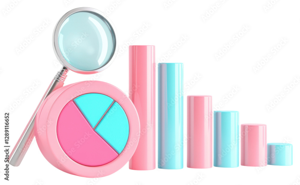 PNG A magnifying glass next to a pie chart and bar graph, showcasing data visualization with vibrant pink and blue colors. PNG A magnifying glass next to a pie chart and bar graph, showcasing data visualization with vibrant pink and blue colors.