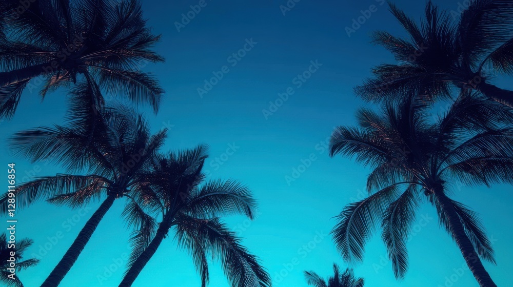 Obraz premium Silhouetted palm trees against a gradient blue sky at twilight, evoking a serene tropical atmosphere.