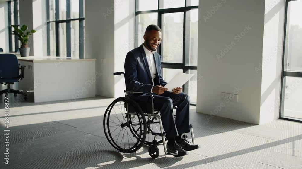 Confident professional black businessman in a suit sits in a wheelchair and reads documents in a modern office with large windows, captured in slow motion Confident professional black businessman in a suit sits in a wheelchair and reads documents in a modern office with large windows, captured in slow motion