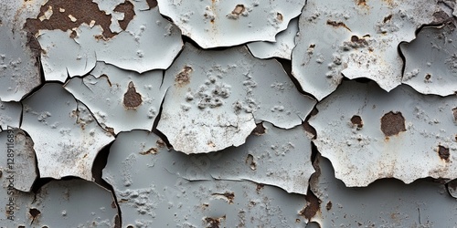 Close-up of a cracked and peeling metal surface with rust and holes, showing decay and texture. photo