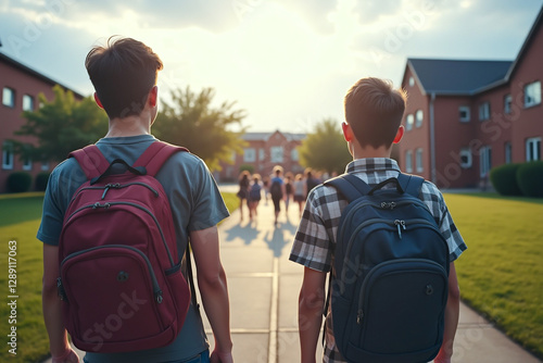 back view of teenagers walking to thee school