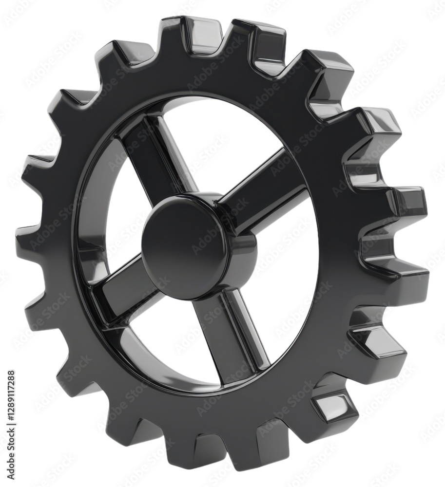 Obraz premium PNG A three-dimensional black gear with a circular shape and distinct teeth, symbolizing machinery and mechanical functions.