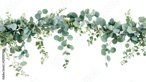 A lush arrangement of eucalyptus leaves and greenery on a white background.