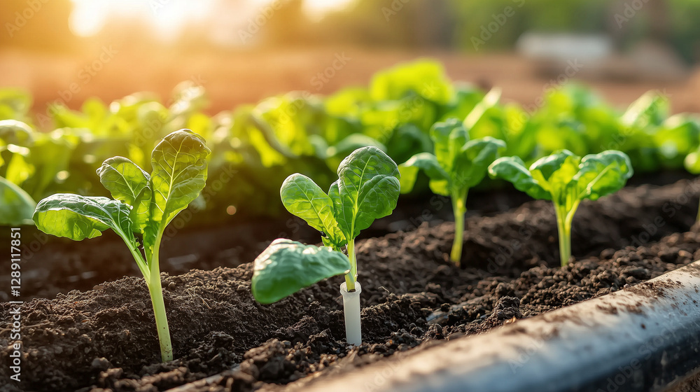 Close-up of drip irrigation, vibrant salad garden, promoting water conservation and sustainable practices. Effective, eco-friendly gardening. Close-up of drip irrigation, vibrant salad garden, promoting water conservation and sustainable practices. Effective, eco-friendly gardening.