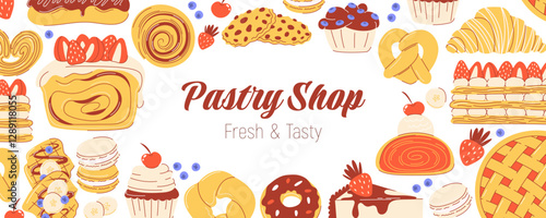 Pastry background. Desserts, baked goods. Frame from donut, macaron, croissant, eclair, strudel, mille feuille, bagel, cinnamon roll. Flat trendy vector illustration, isolated on white, space for text