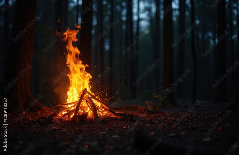 Burning campfire at dark night in forest. Flames, firewood and smoke. Glowing camp fire flame with logs on forest floor surrounded by trees. Recreation, outdoor adventure, escape from urban life.