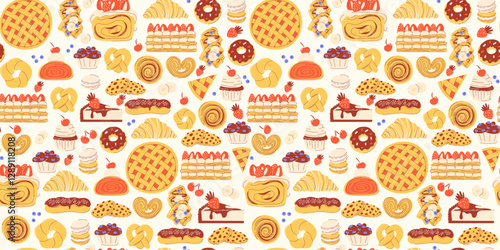 Hand drawn seamless pattern with pastry, desserts, baked food. Donut, muffin, croissant, eclair, strudel, mille feuille, cheesecake, cinnamon roll. Flat trendy vector illustration, isolated background