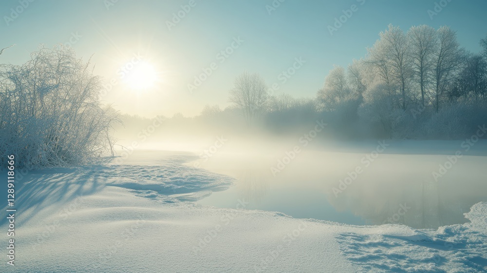 A tranquil winter landscape with sun shining over a frozen river, surrounded by frosted trees and soft mist. A tranquil winter landscape with sun shining over a frozen river, surrounded by frosted trees and soft mist.