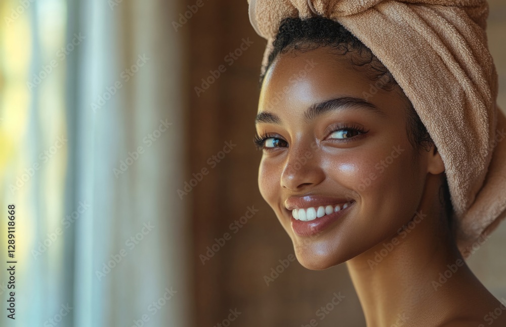Black woman smiling at herself in the mirror with towel after spa Black woman smiling at herself in the mirror with towel after spa