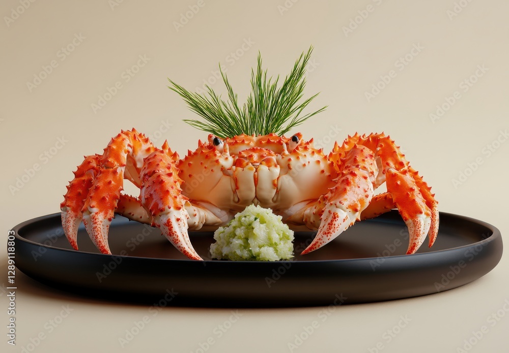 Freshly Cooked Colorful Crab Dish with Wasabi Garnish on Dark Plate Surrounded by Greenery and Minimalistic Background for Culinary Art Freshly Cooked Colorful Crab Dish with Wasabi Garnish on Dark Plate Surrounded by Greenery and Minimalistic Background for Culinary Art