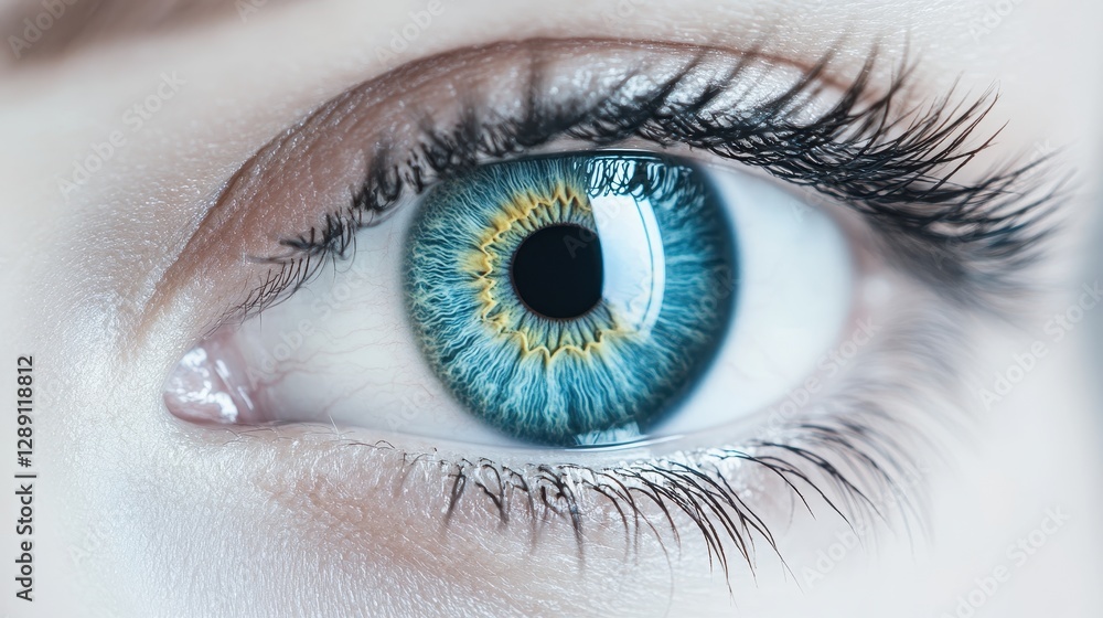 Fototapeta premium Close-up shot of a female eye with vibrant blue and yellow iris, showcasing intricate details and long eyelashes.