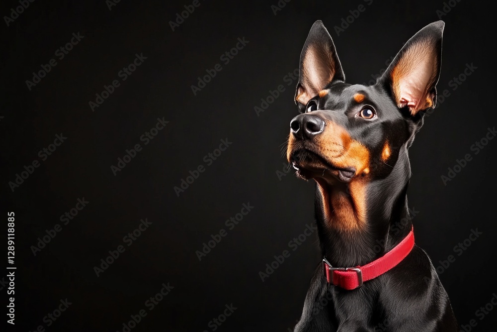 Doberman dog posing on colorful background with expressive faces and alert ears. Doberman dog posing on colorful background with expressive faces and alert ears.