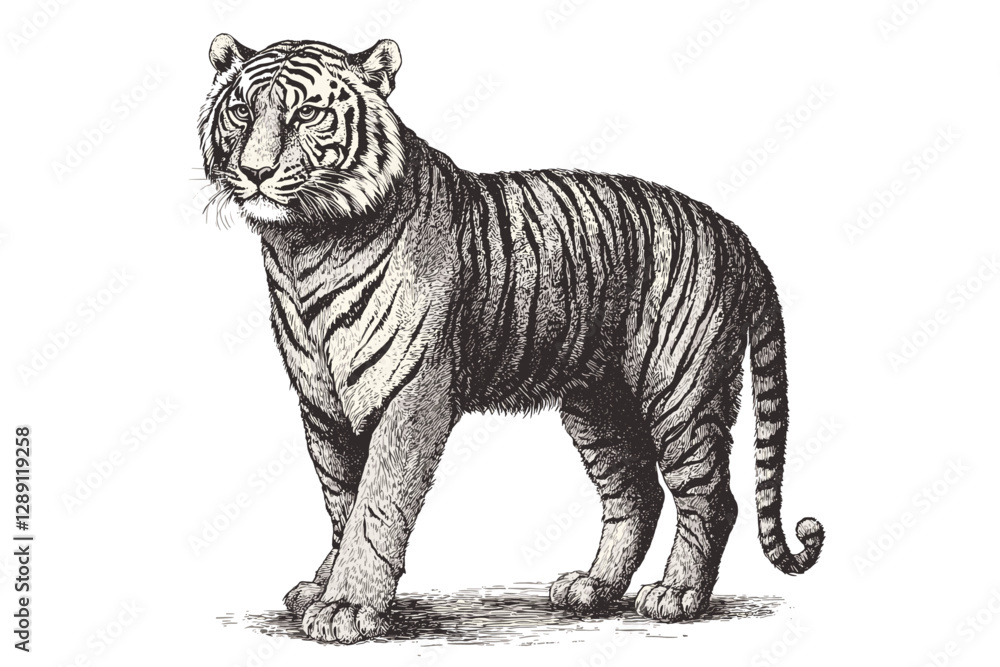 Antique style tiger vector illustration, old engraving sketch, black effect, fierce predator, vintage art print design, trendy wildlife illustration, wildlife sketch drawing. Antique style tiger vector illustration, old engraving sketch, black effect, fierce predator, vintage art print design, trendy wildlife illustration, wildlife sketch drawing.