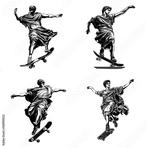 Classical sculptures of Roman-style figures skateboarding in humorous poses.