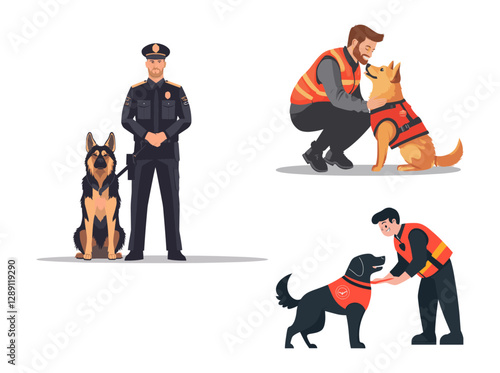 Set of illustrated working dogs with their handlers: police, rescue, and service dogs.