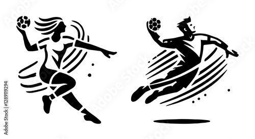 Male and female handball players in action. Black silhouettes