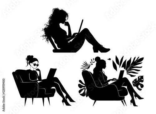 Silhouettes of women using laptops in various relaxed poses, modern digital lifestyle theme.